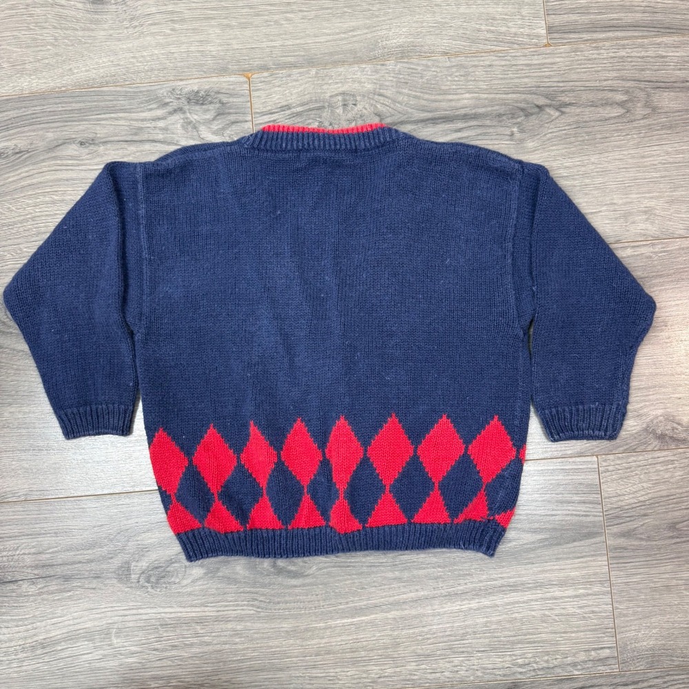 Vintage Kids Navy Argyle Knit Cardigan Red Trim Bon Voyage Crest Patch Size 4 - Picture 9 of 14